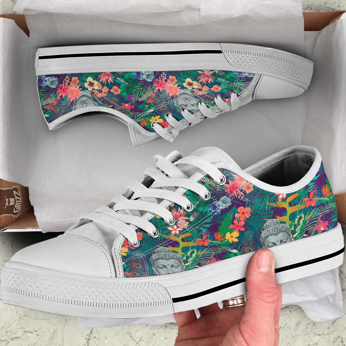 Buddha Tropical Print Pattern White Low Top Shoes-grizzshop