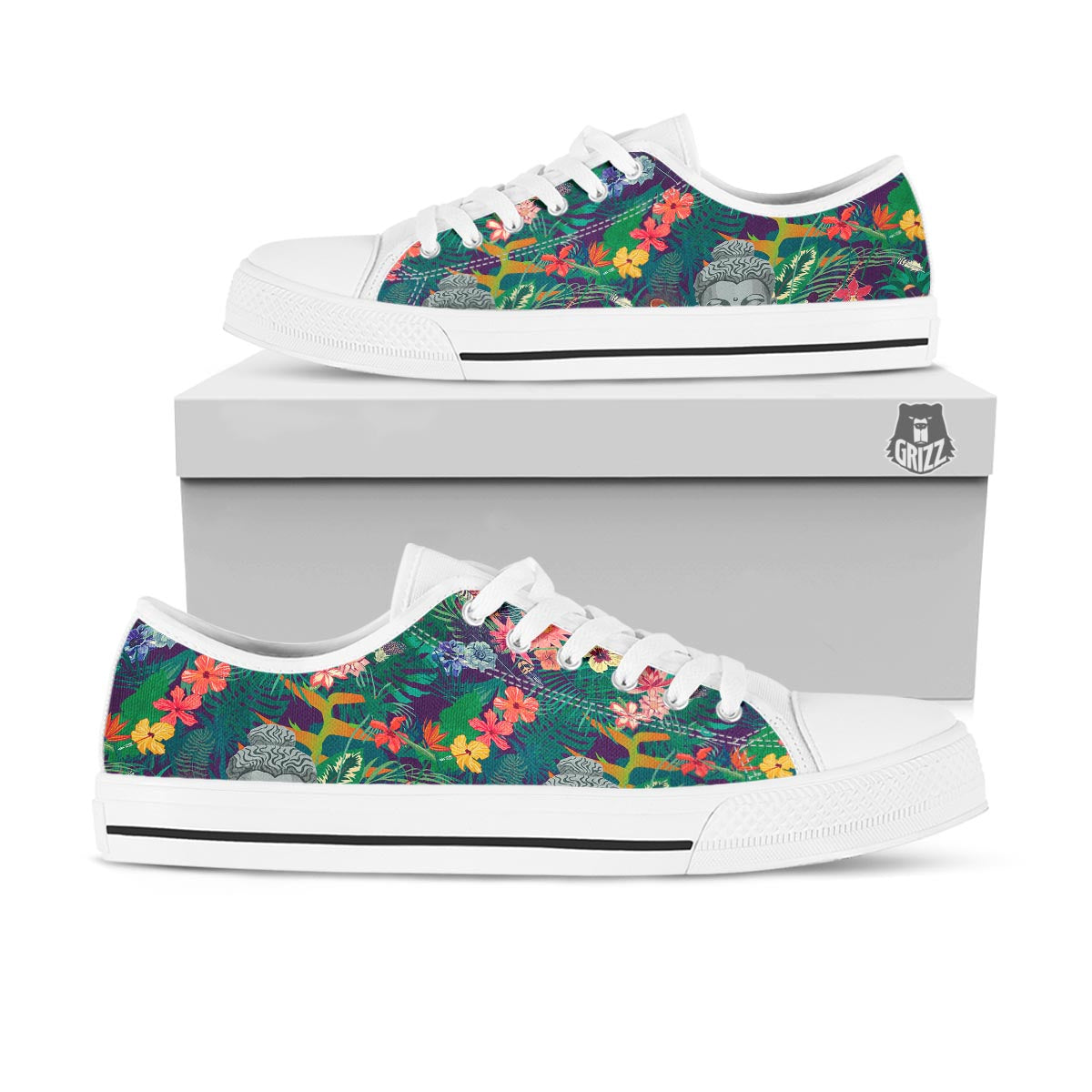 Buddha Tropical Print Pattern White Low Top Shoes-grizzshop