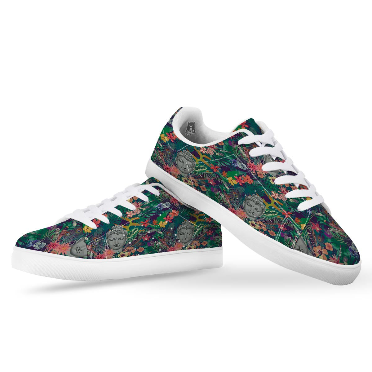 Buddha Tropical Print Pattern White Low Top Sneakers-grizzshop