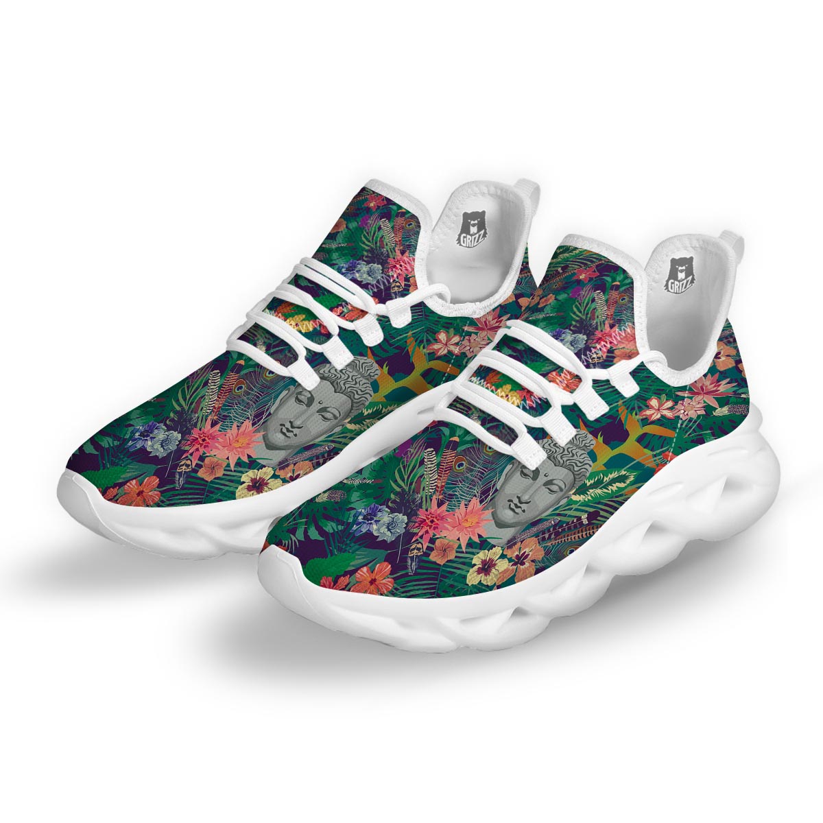 Buddha Tropical Print Pattern White Running Shoes-grizzshop