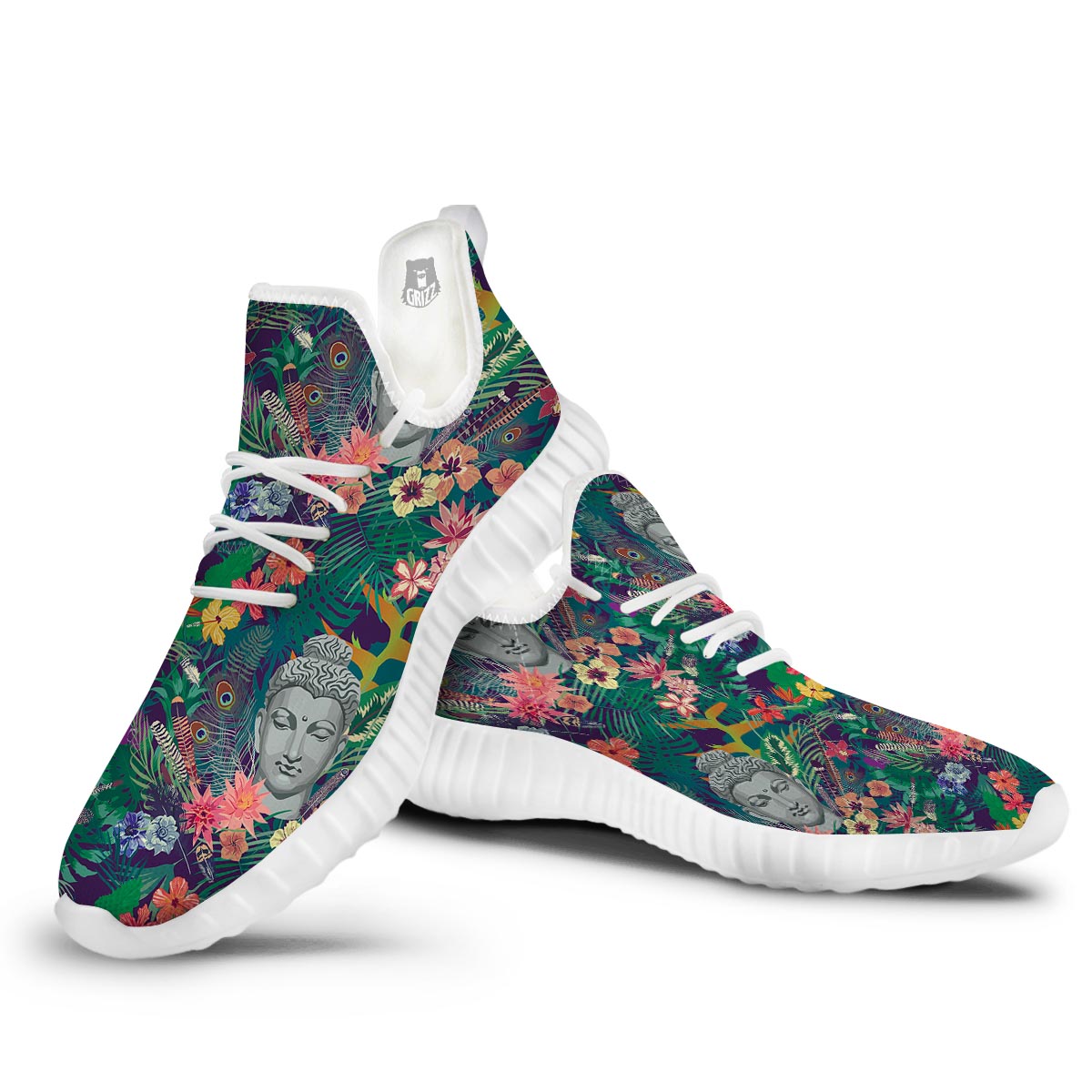 Buddha Tropical Print Pattern White Walking Shoes-grizzshop