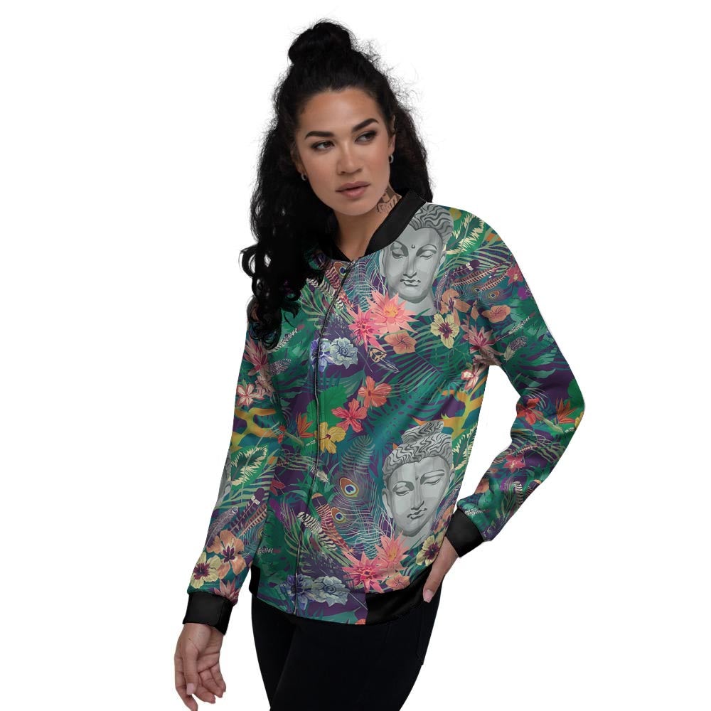 Buddha Tropical Print Pattern Women's Bomber Jacket-grizzshop