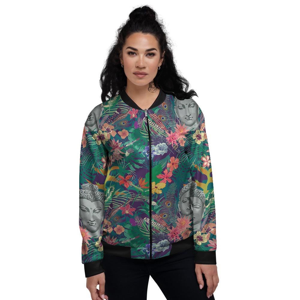 Buddha Tropical Print Pattern Women's Bomber Jacket-grizzshop