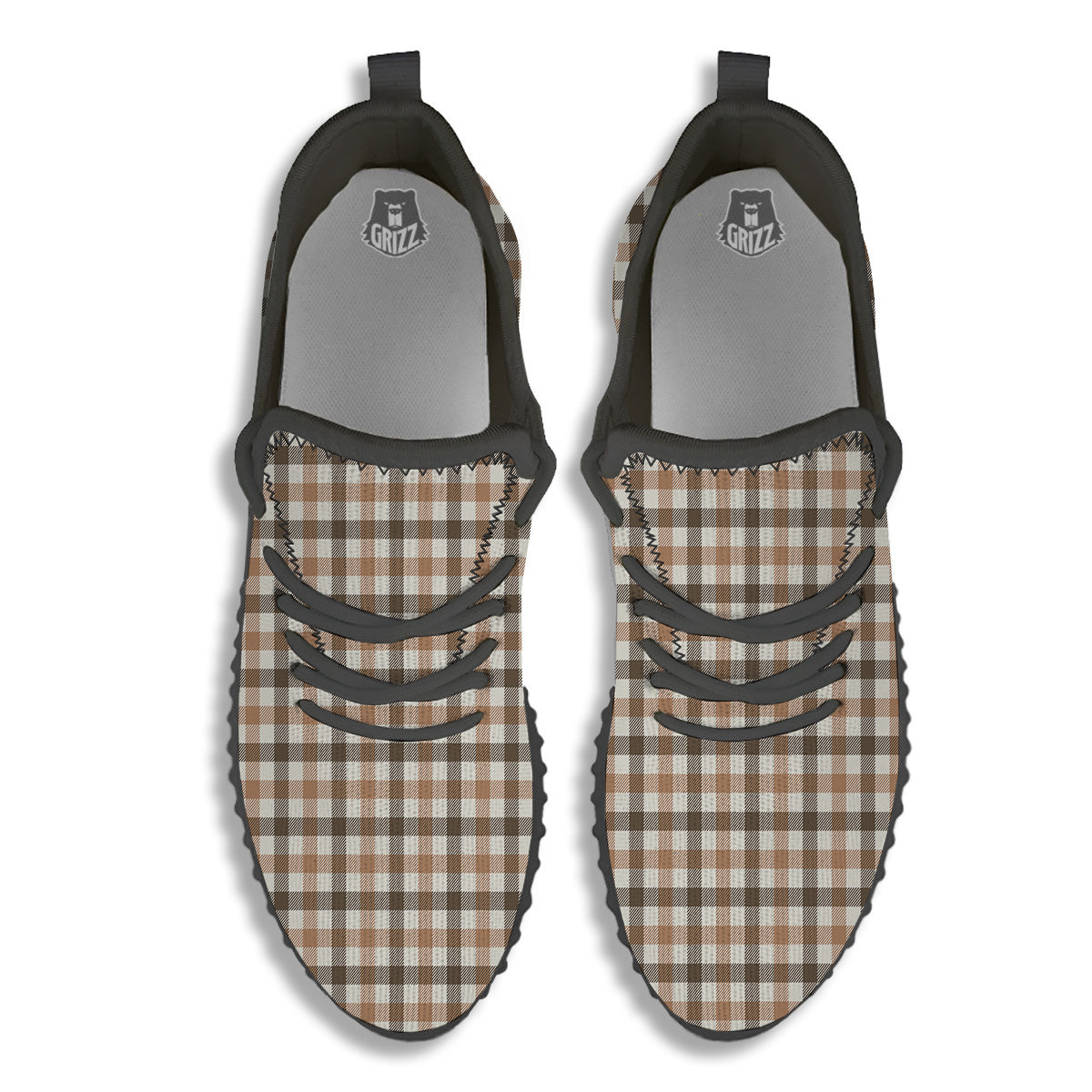 Buffalo Check Beige And Brown Print Black Walking Shoes-grizzshop