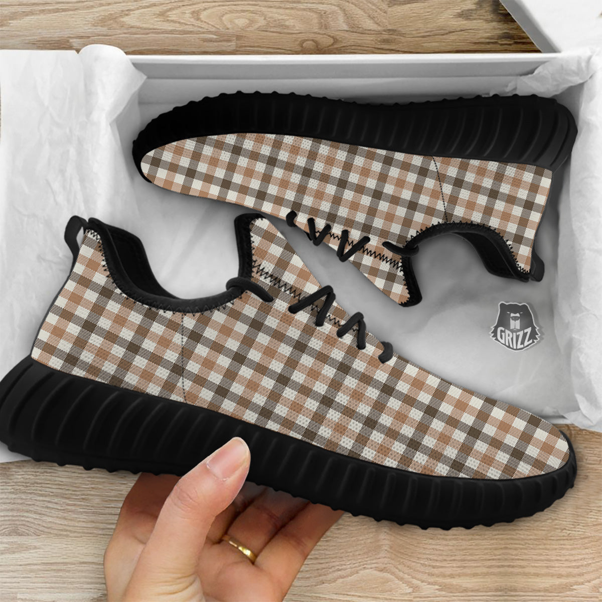 Buffalo Check Beige And Brown Print Black Walking Shoes-grizzshop
