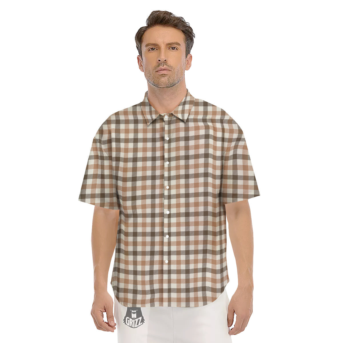 Buffalo Check Beige And Brown Print Men's Short Sleeve Shirts-grizzshop