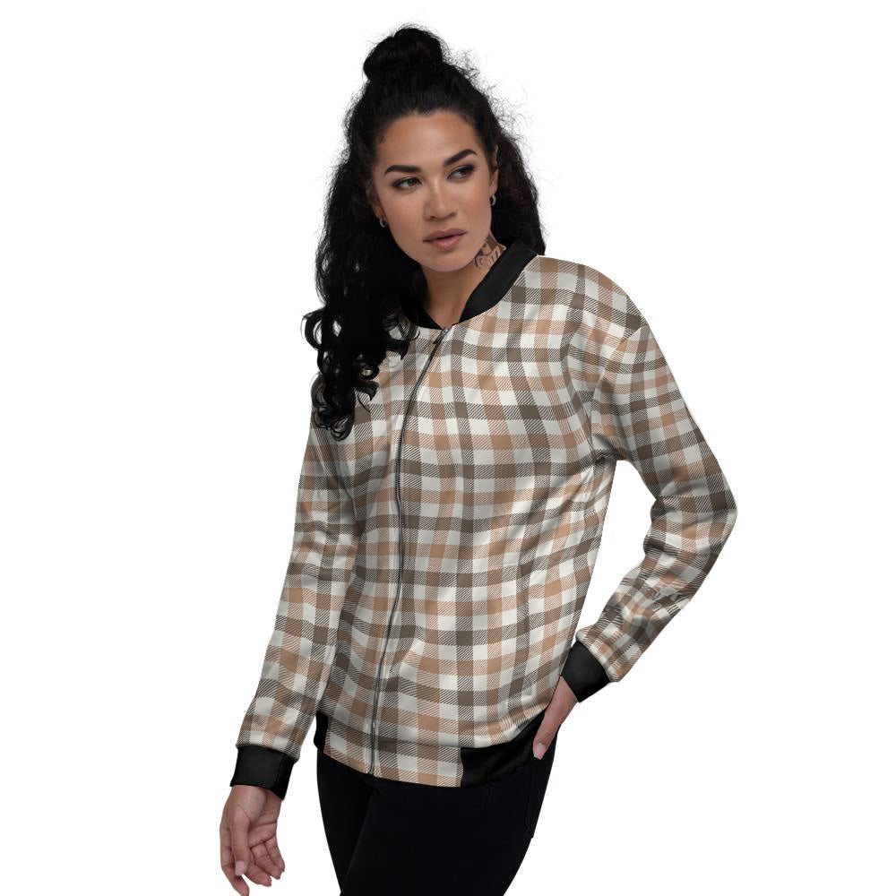 Buffalo Check Beige And Brown Print Women's Bomber Jacket-grizzshop
