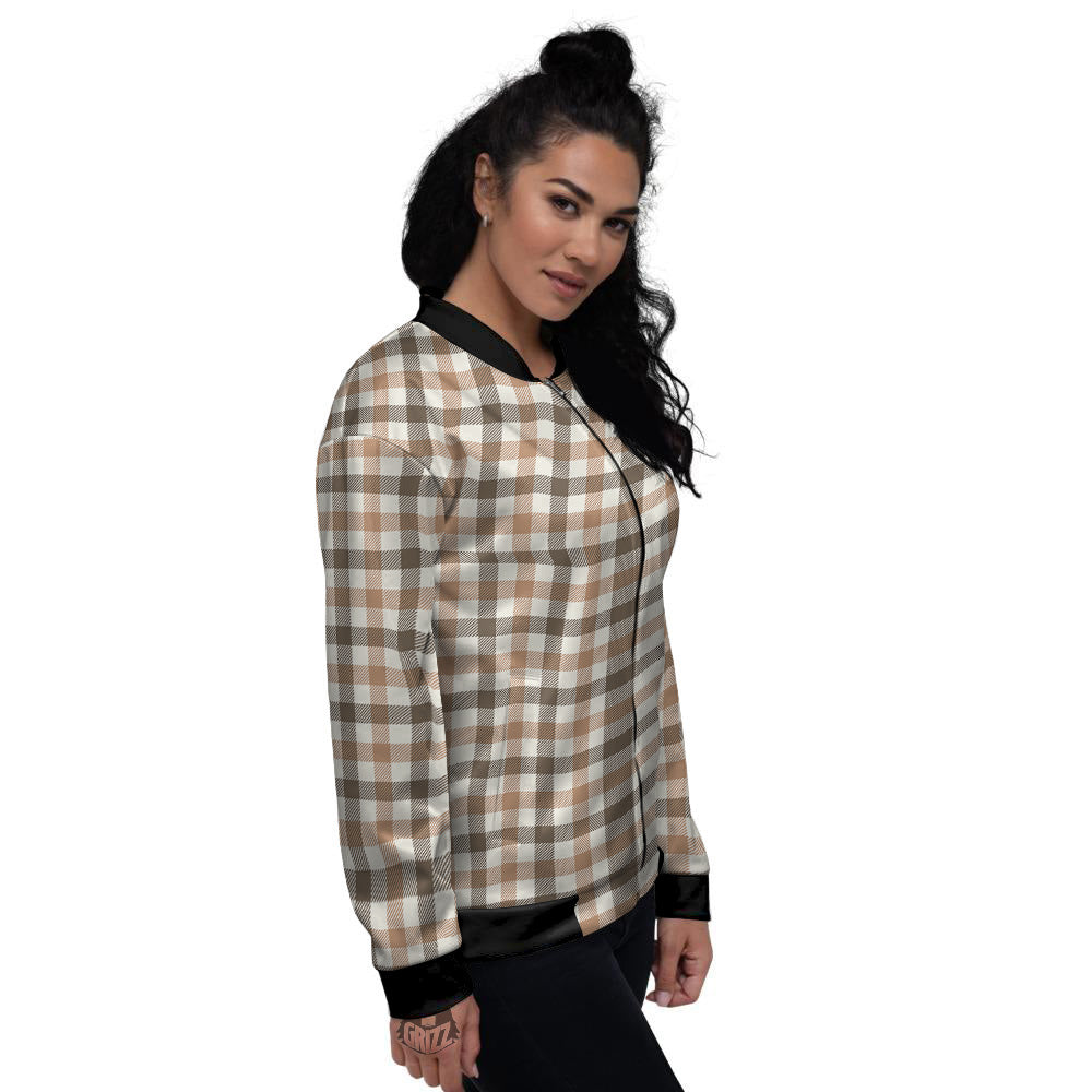 Buffalo Check Beige And Brown Print Women's Bomber Jacket-grizzshop