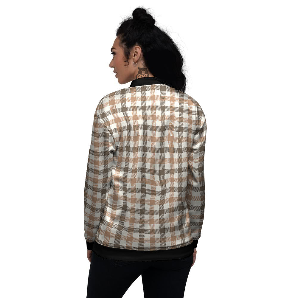 Buffalo Check Beige And Brown Print Women's Bomber Jacket-grizzshop