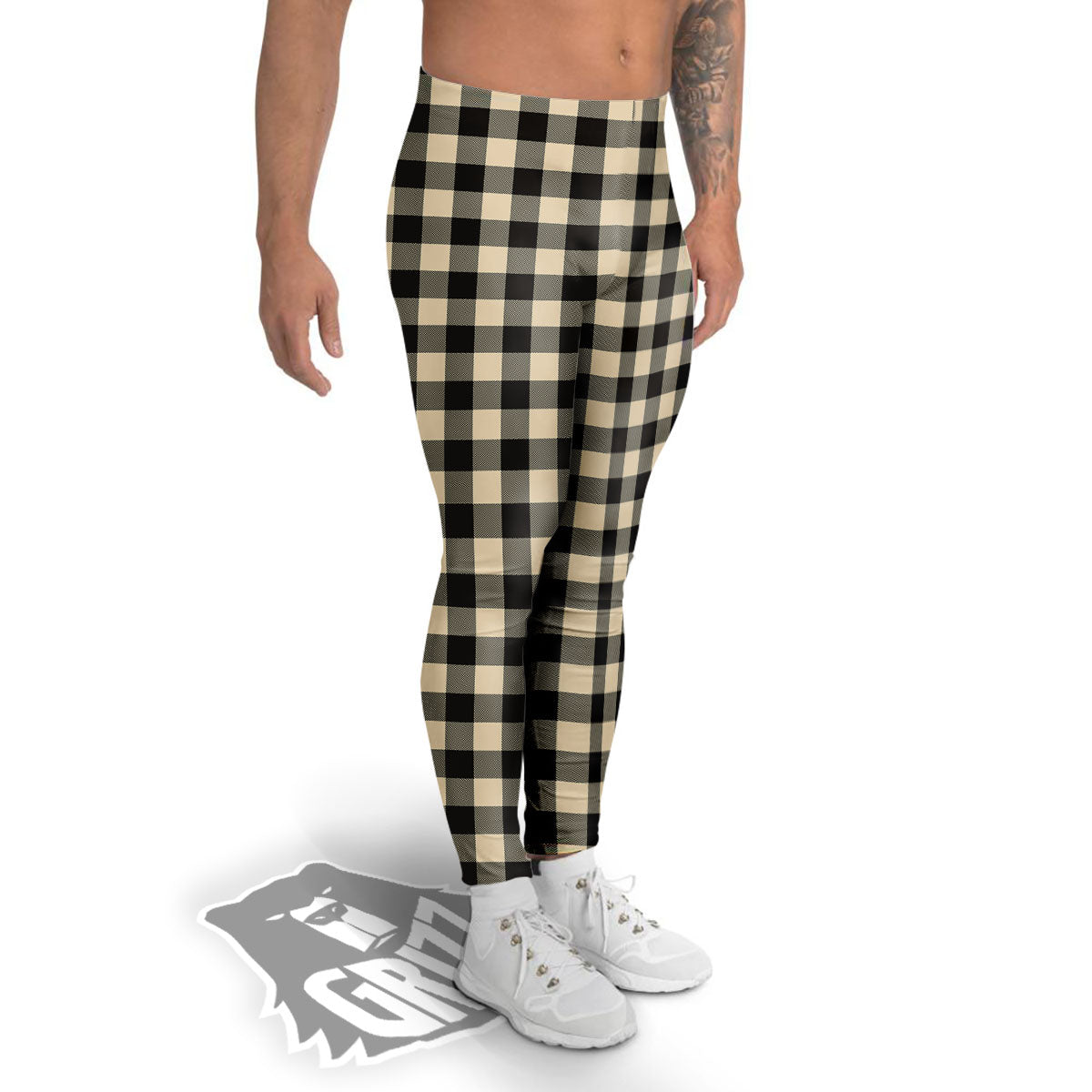 Buffalo Check Black And Beige Print Men's Leggings-grizzshop
