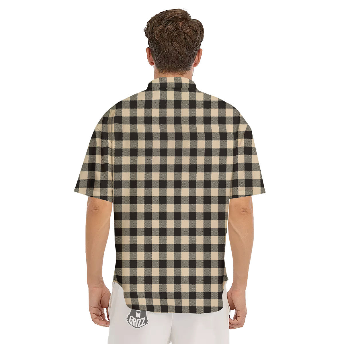 Buffalo Check Black And Beige Print Men's Short Sleeve Shirts-grizzshop