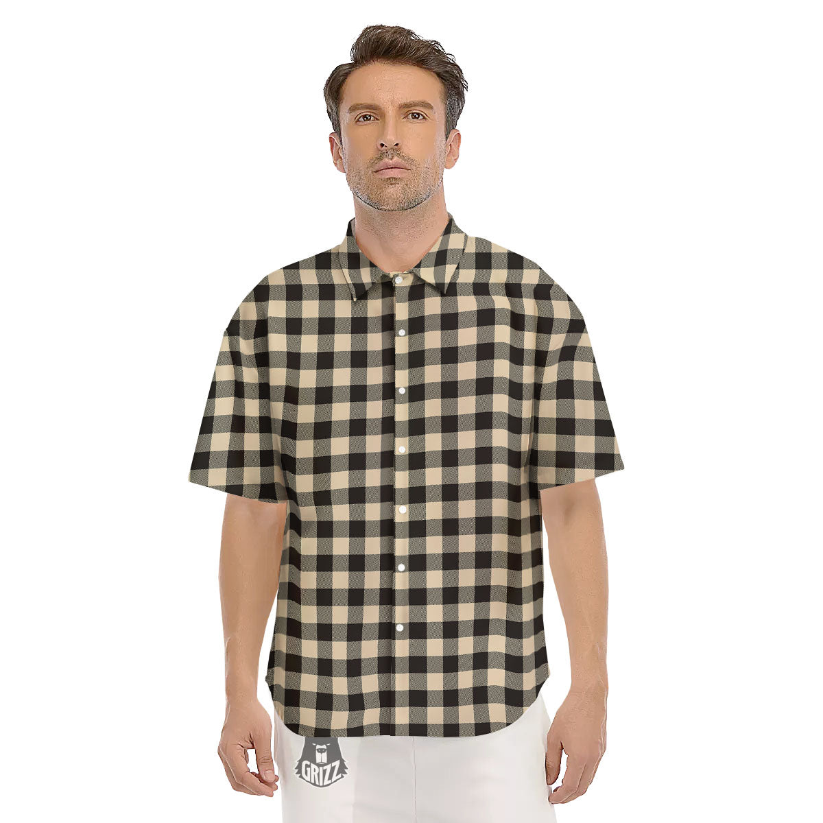 Buffalo Check Black And Beige Print Men's Short Sleeve Shirts-grizzshop