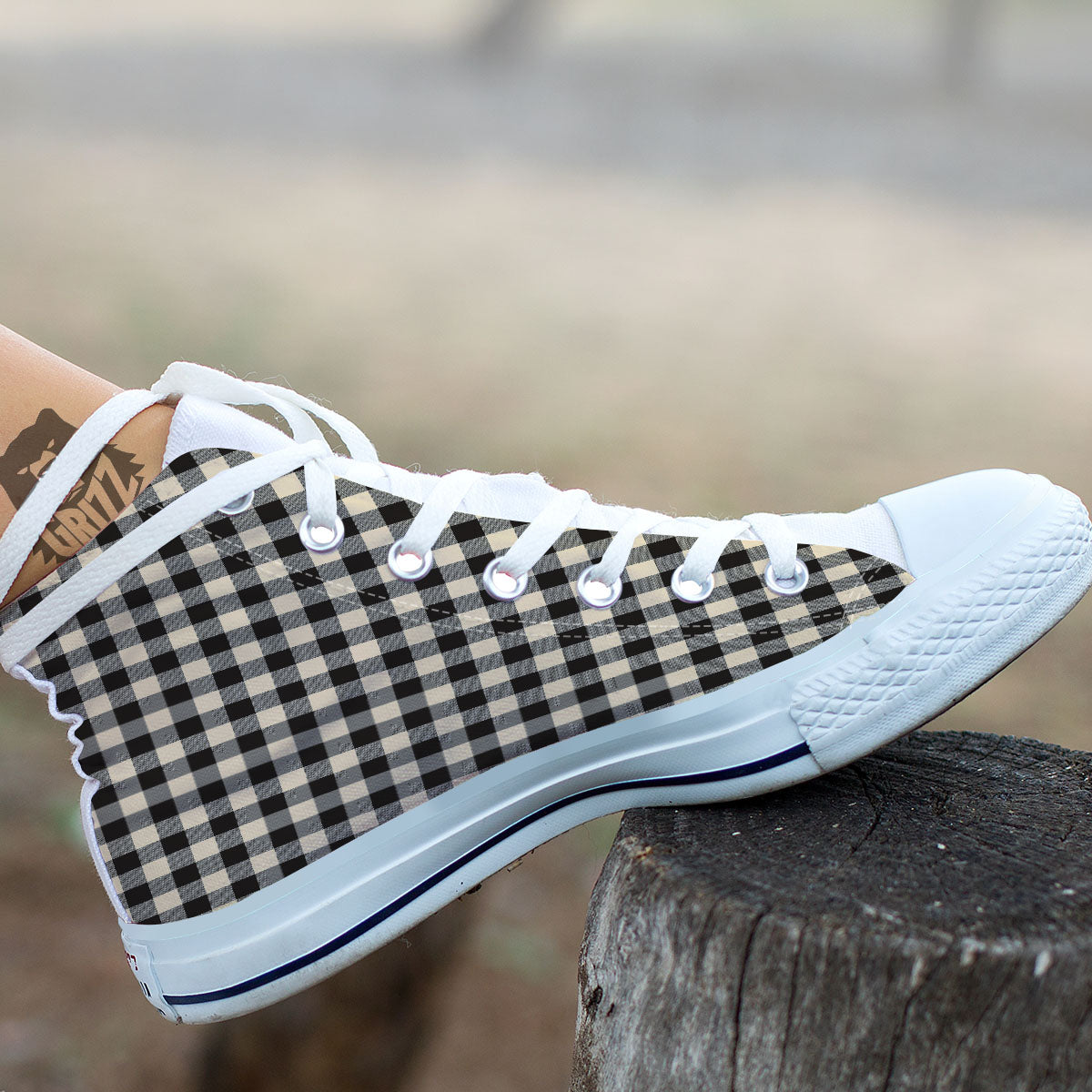 Buffalo Check Black And Beige Print White High Top Shoes-grizzshop