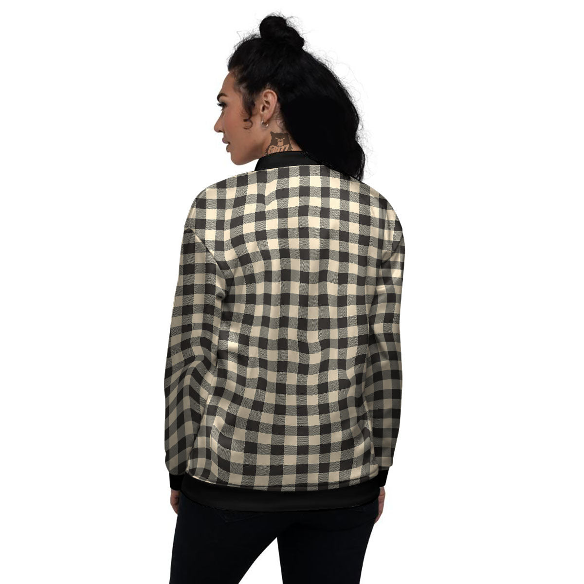 Buffalo Check Black And Beige Print Women's Bomber Jacket-grizzshop