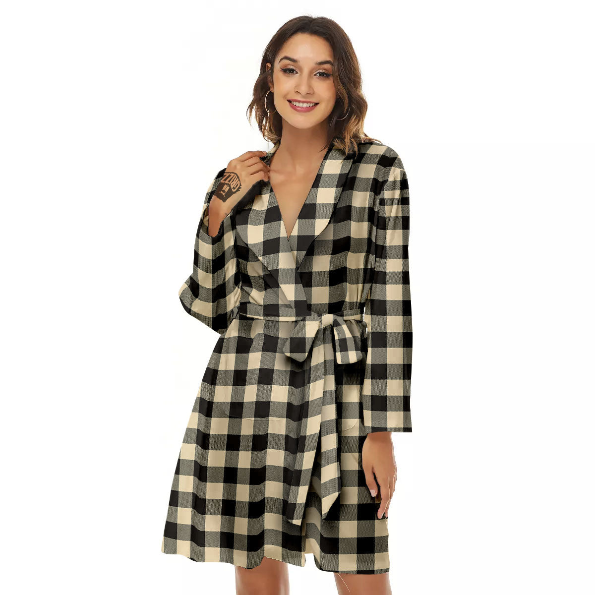 Buffalo Check Black And Beige Print Women's Robe-grizzshop