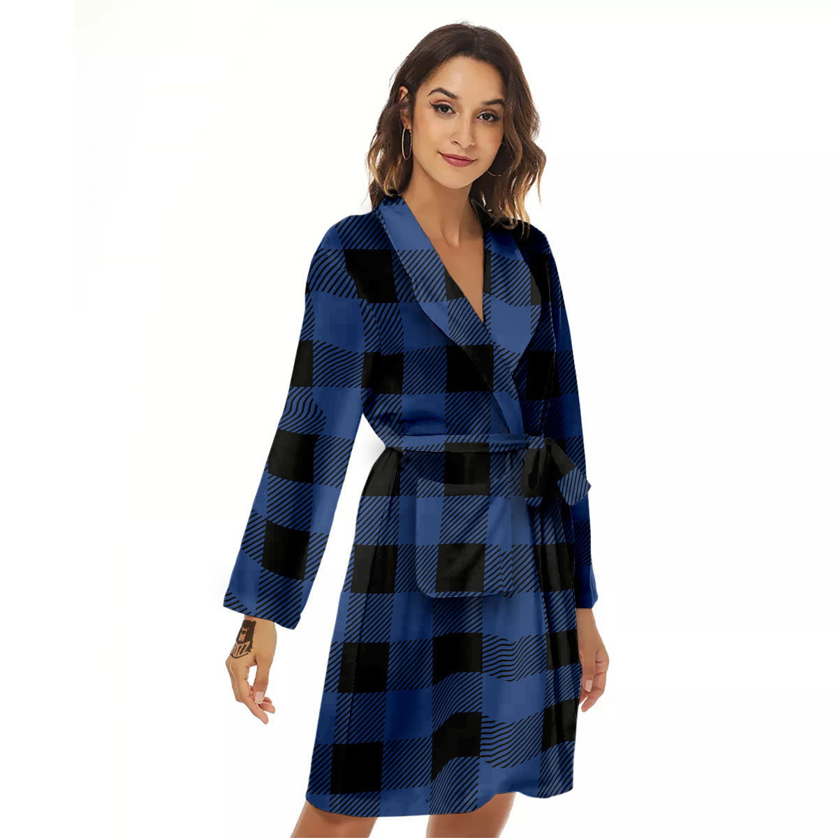 Buffalo Check Black And Blue Print Women's Robe-grizzshop