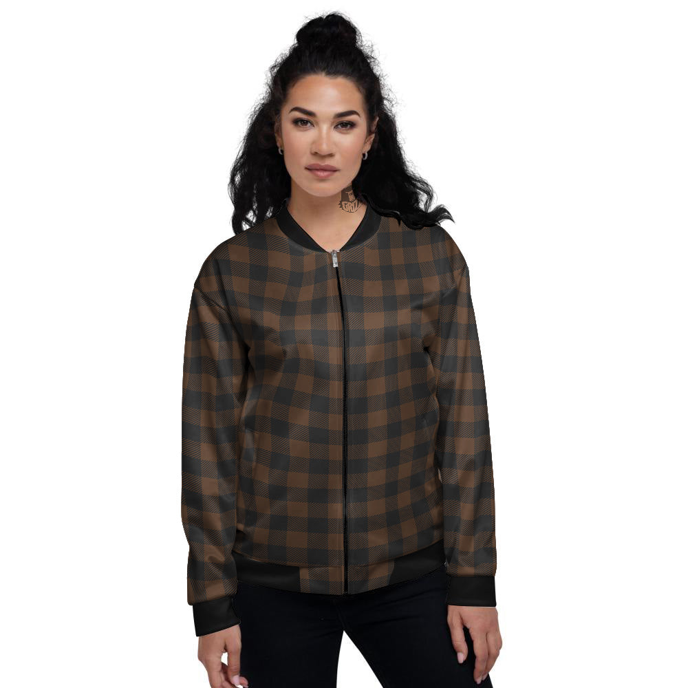 Buffalo Check Black And Brown Print Women's Bomber Jacket-grizzshop