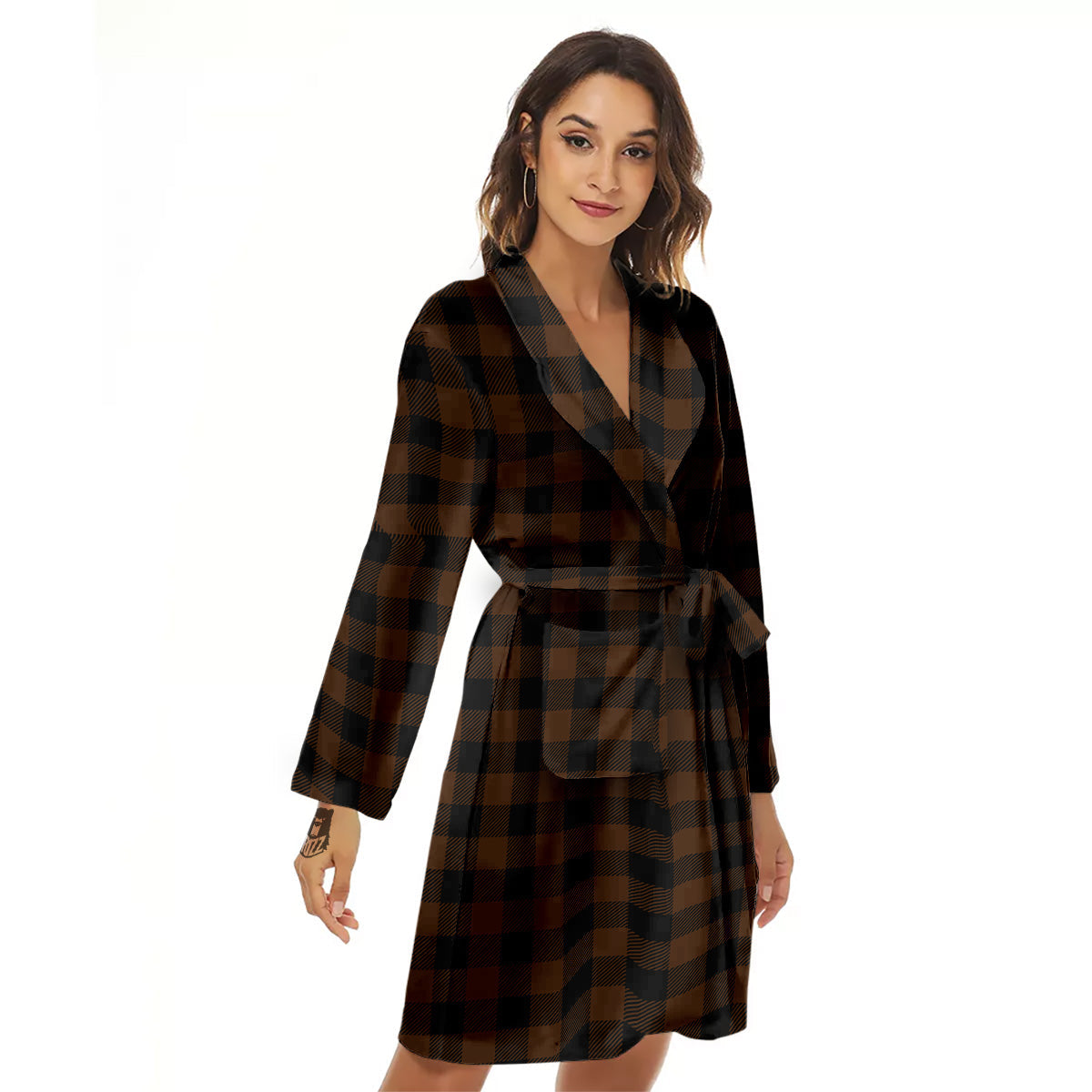 Buffalo Check Black And Brown Print Women's Robe-grizzshop