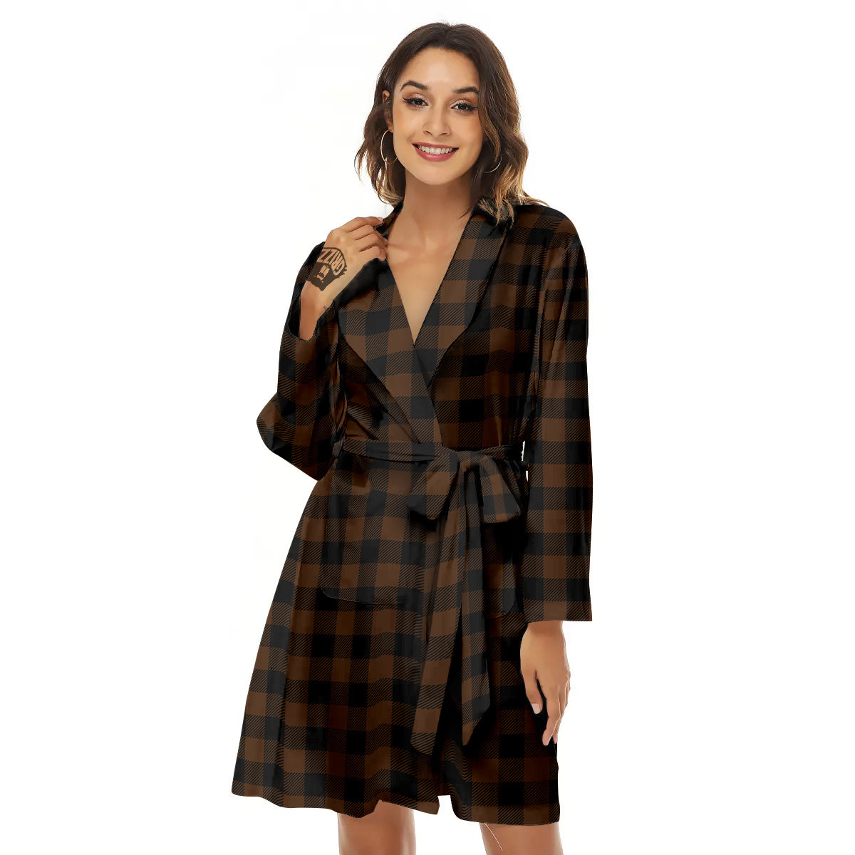 Buffalo Check Black And Brown Print Women's Robe-grizzshop