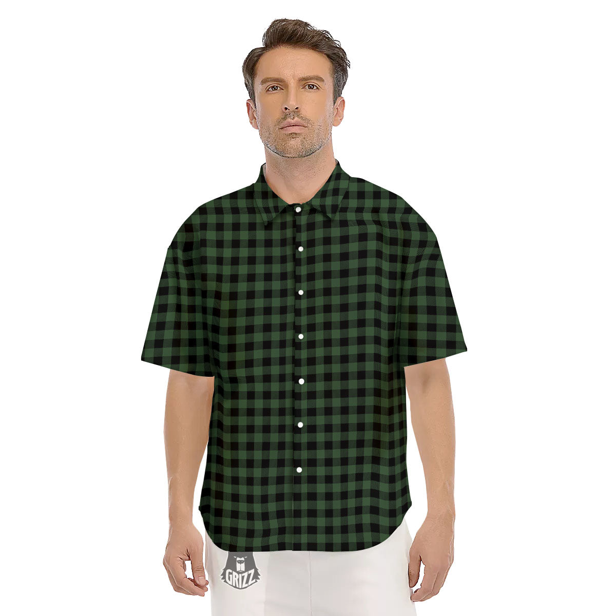 Buffalo Check Black And Green Print Men's Short Sleeve Shirts-grizzshop