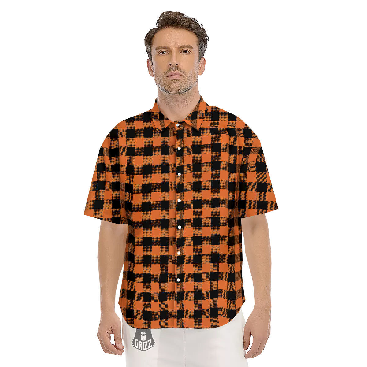 Buffalo Check Black And Orange Print Pattern Men's Short Sleeve Shirts-grizzshop