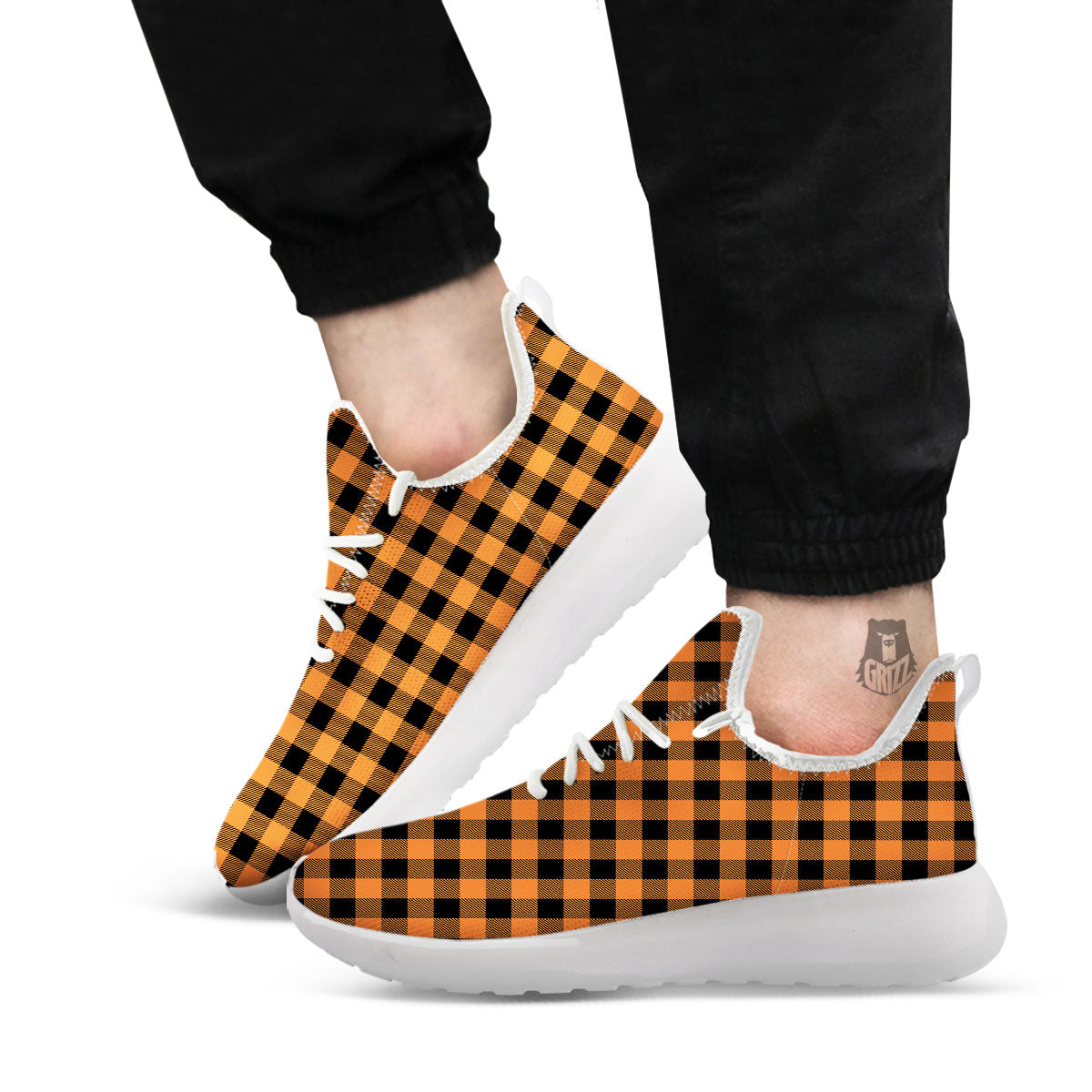 Buffalo Check Black And Orange Print Pattern White Athletic Shoes-grizzshop