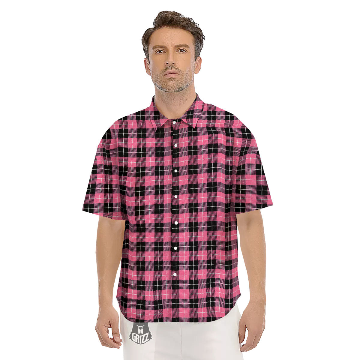 Buffalo Check Black And Pink Print Men's Short Sleeve Shirts-grizzshop