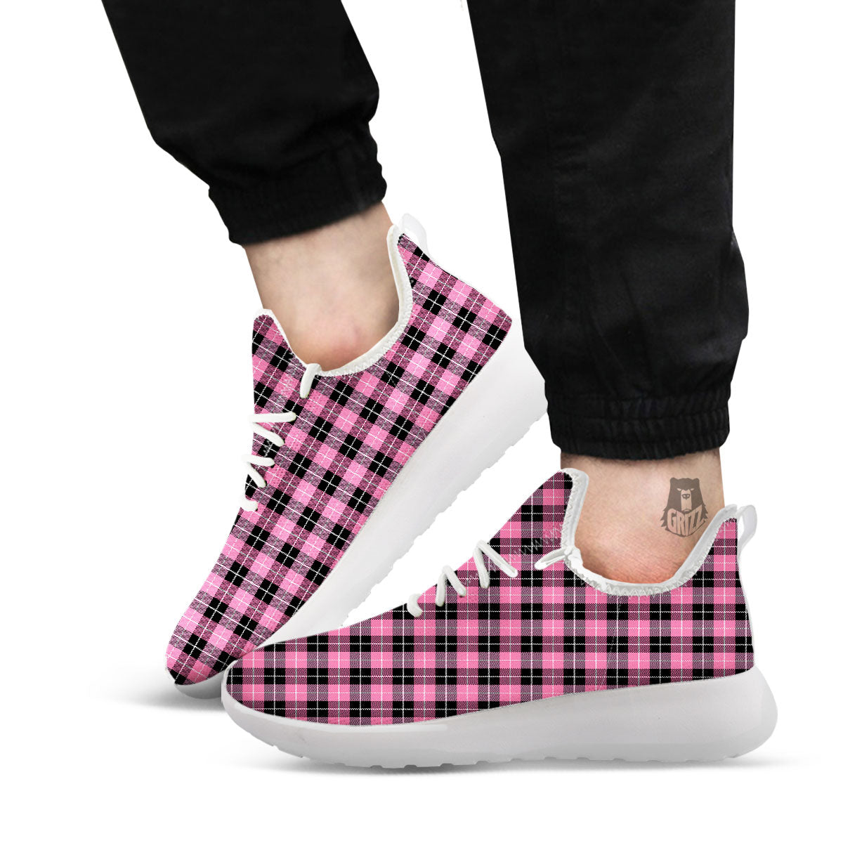 Buffalo Check Black And Pink Print White Athletic Shoes-grizzshop