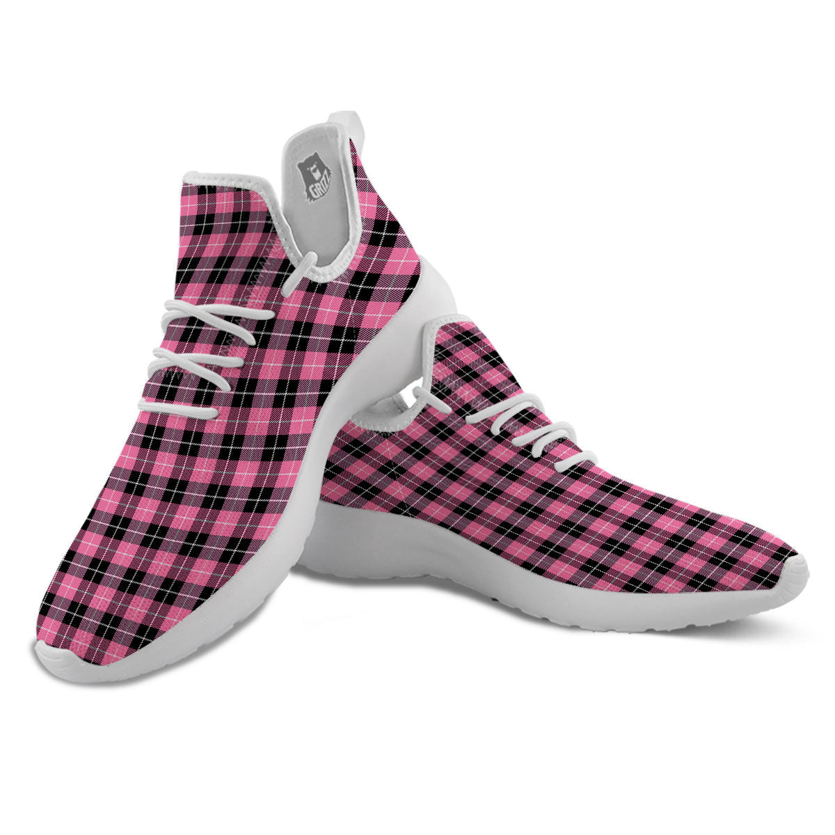 Buffalo Check Black And Pink Print White Athletic Shoes-grizzshop