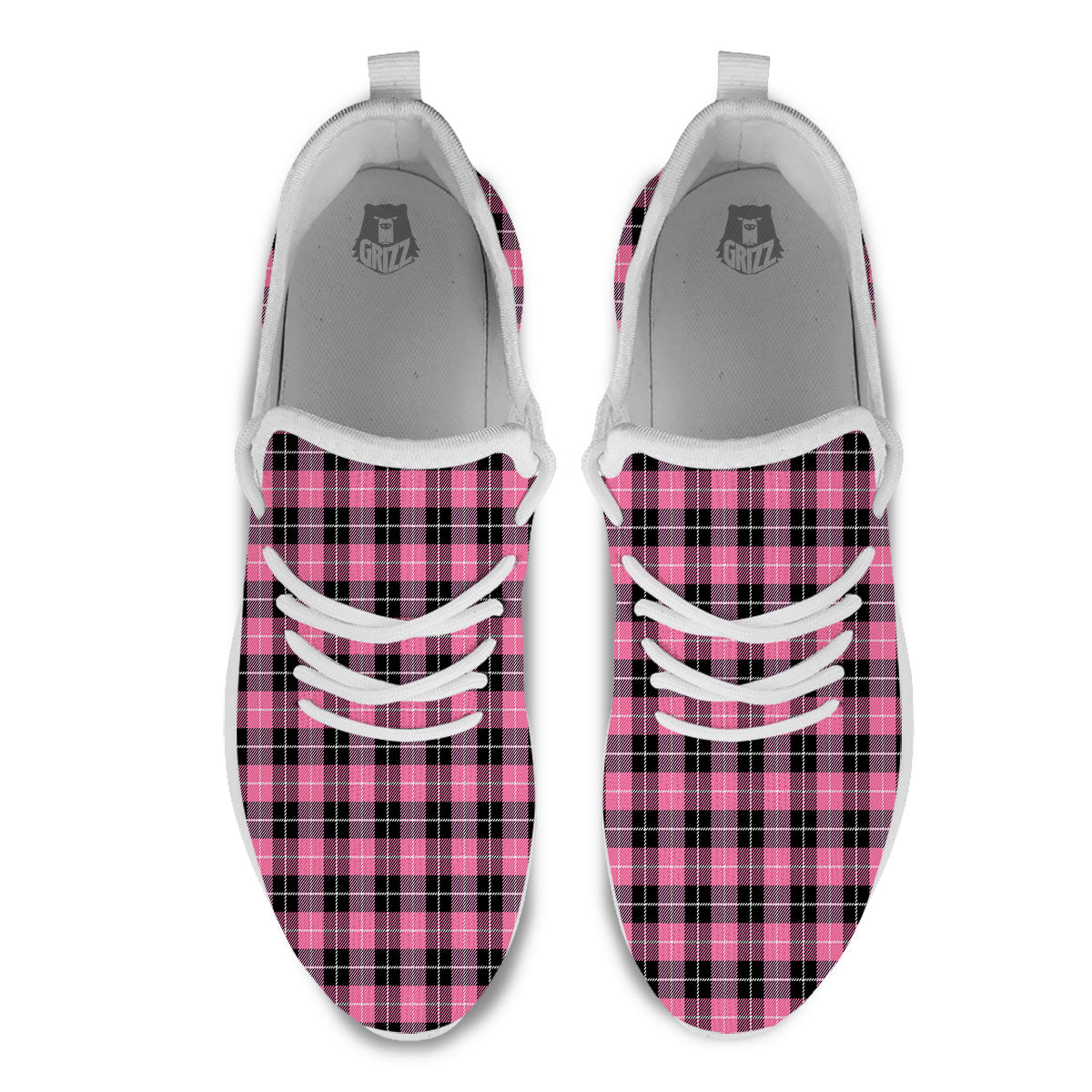 Buffalo Check Black And Pink Print White Athletic Shoes-grizzshop