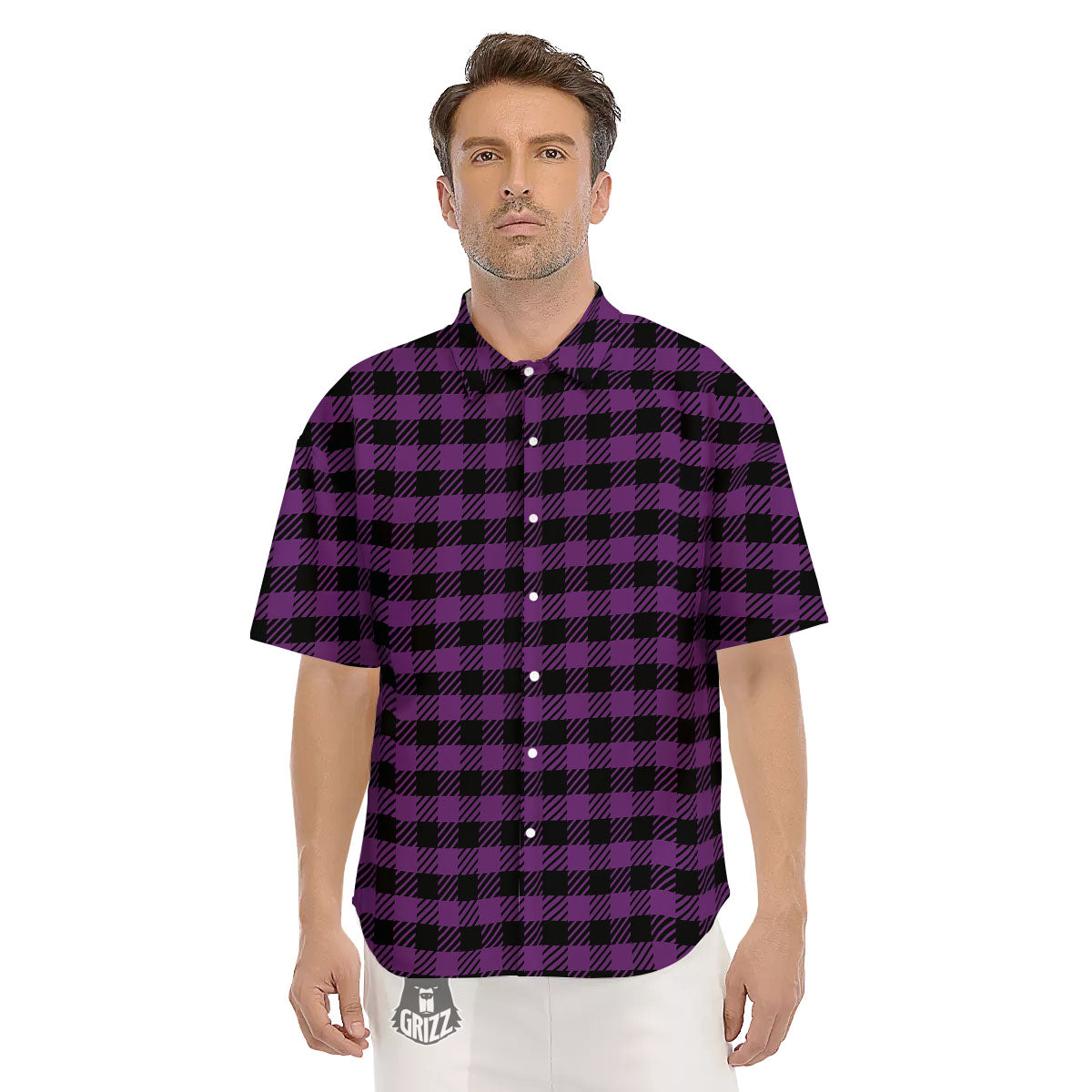 Buffalo Check Black And Purple Print Men's Short Sleeve Shirts-grizzshop