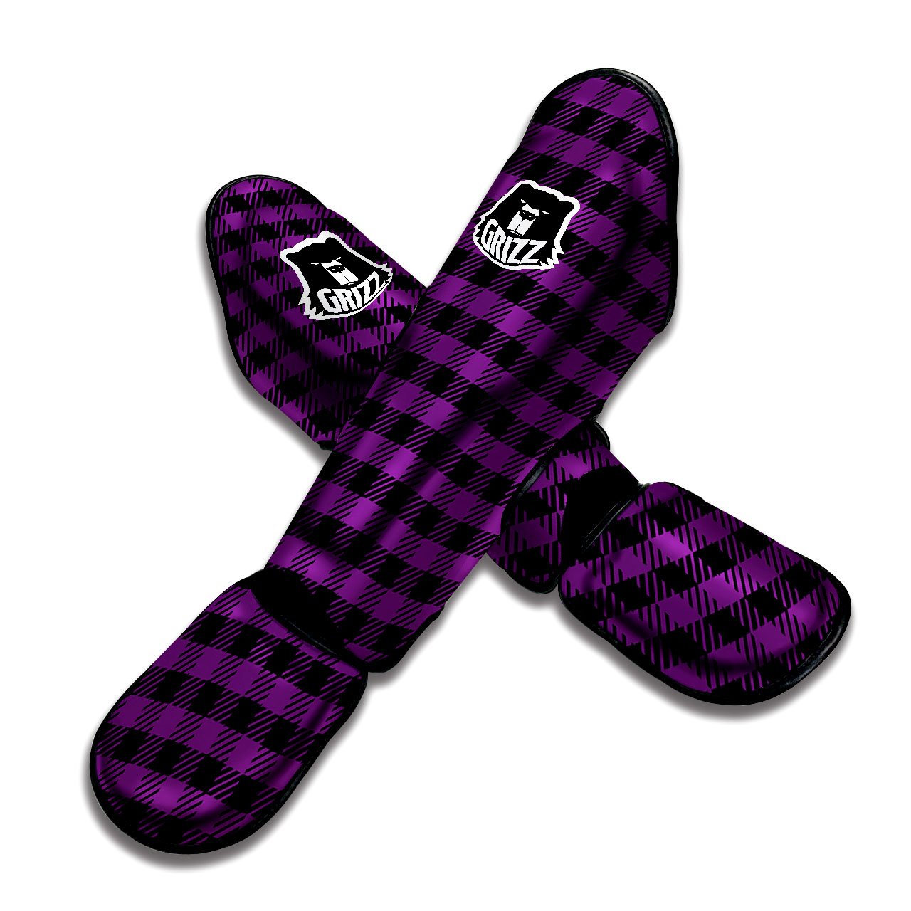 Buffalo Check Black And Purple Print Muay Thai Shin Guards-grizzshop