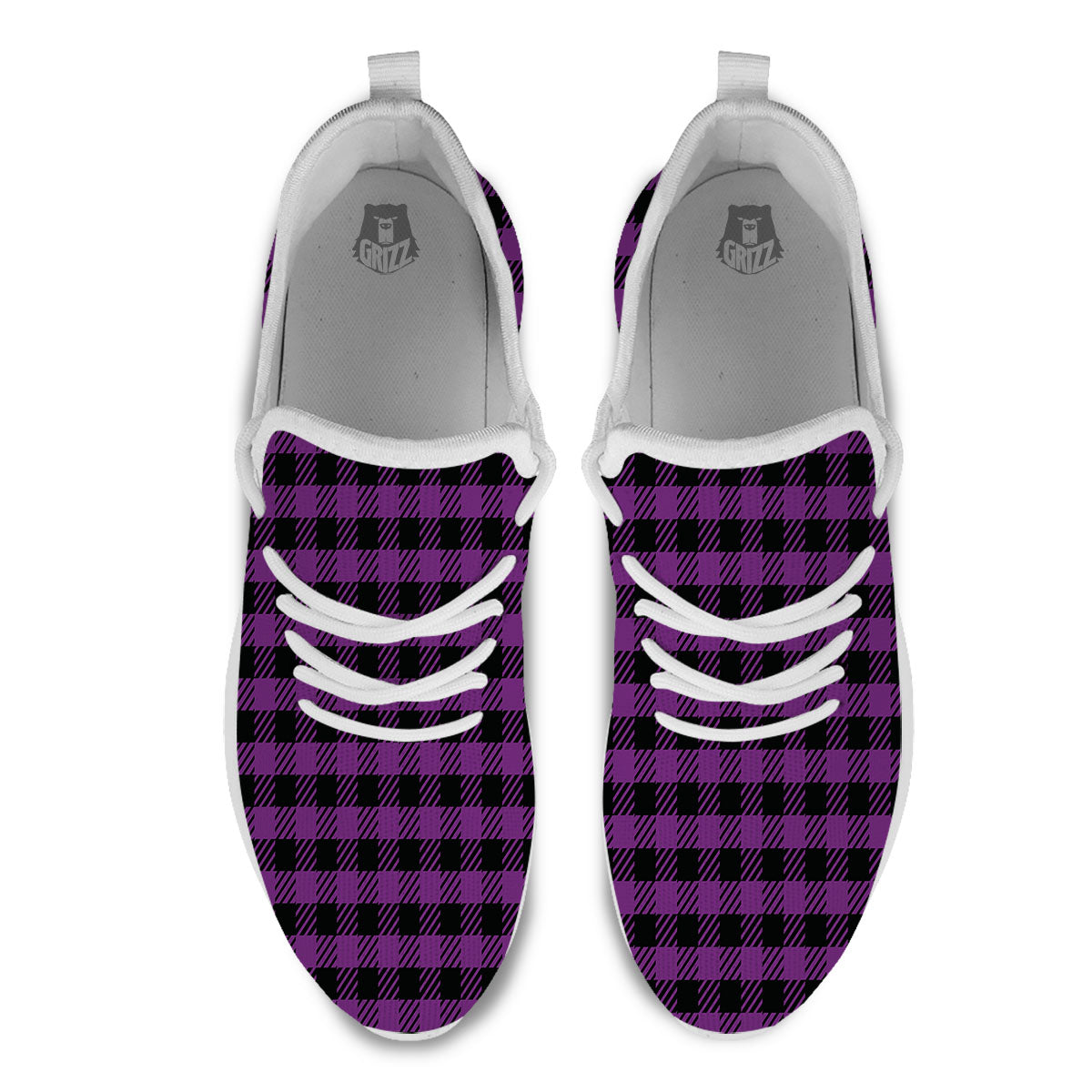 Buffalo Check Black And Purple Print White Athletic Shoes-grizzshop