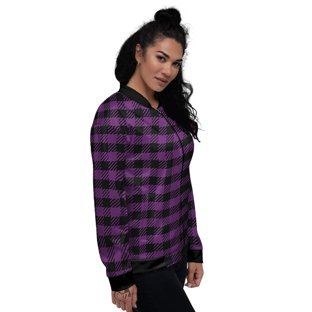 Buffalo Check Black And Purple Print Women's Bomber Jacket-grizzshop