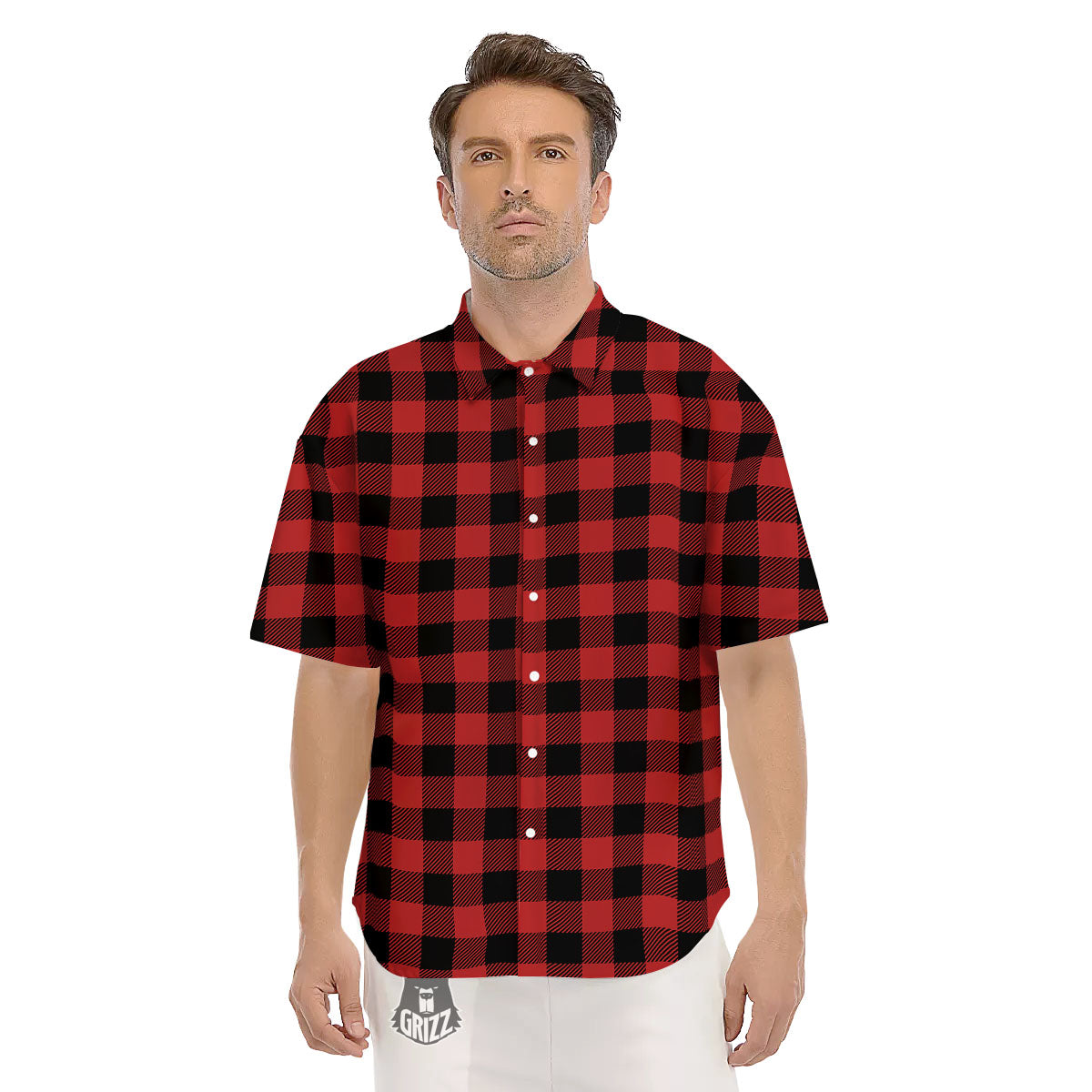 Buffalo Check Black And Red Print Men's Short Sleeve Shirts-grizzshop