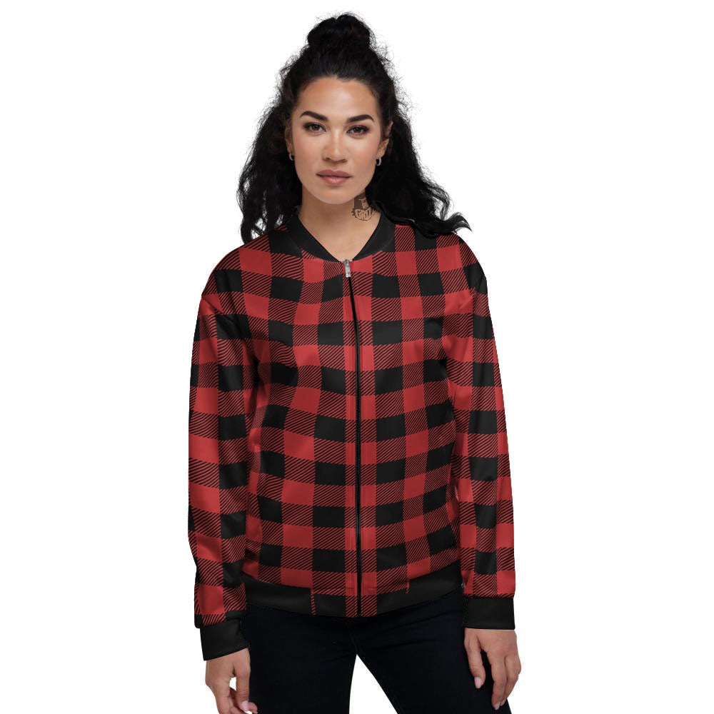 Buffalo Check Black And Red Print Women's Bomber Jacket-grizzshop