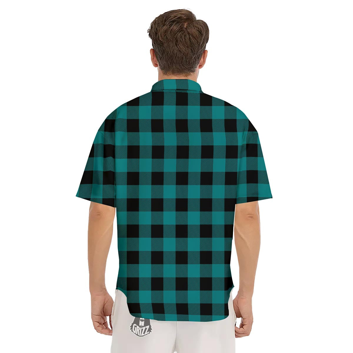 Buffalo Check Black And Teal Print Pattern Men's Short Sleeve Shirts-grizzshop