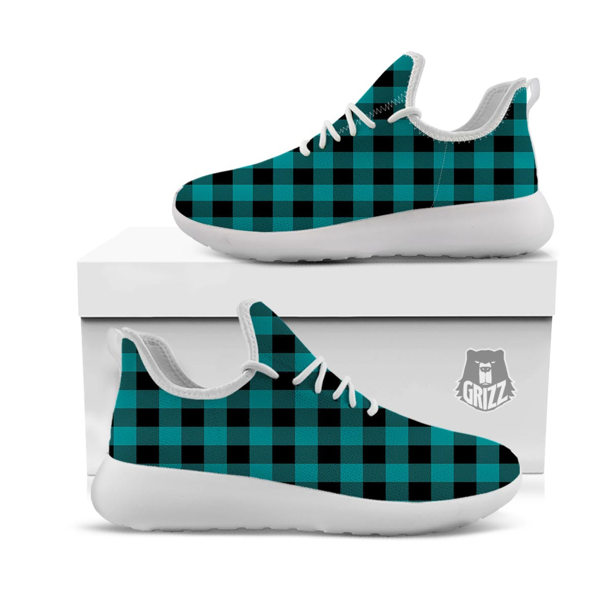 Buffalo Check Black And Teal Print Pattern White Athletic Shoes-grizzshop