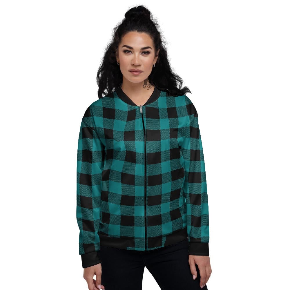 Buffalo Check Black And Teal Print Pattern Women's Bomber Jacket-grizzshop
