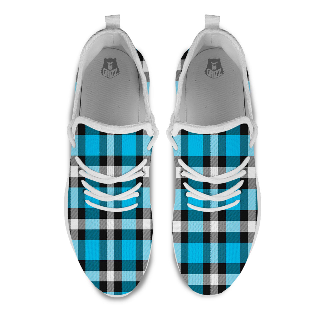 Buffalo Check Black And Turquoise Print Pattern White Athletic Shoes-grizzshop