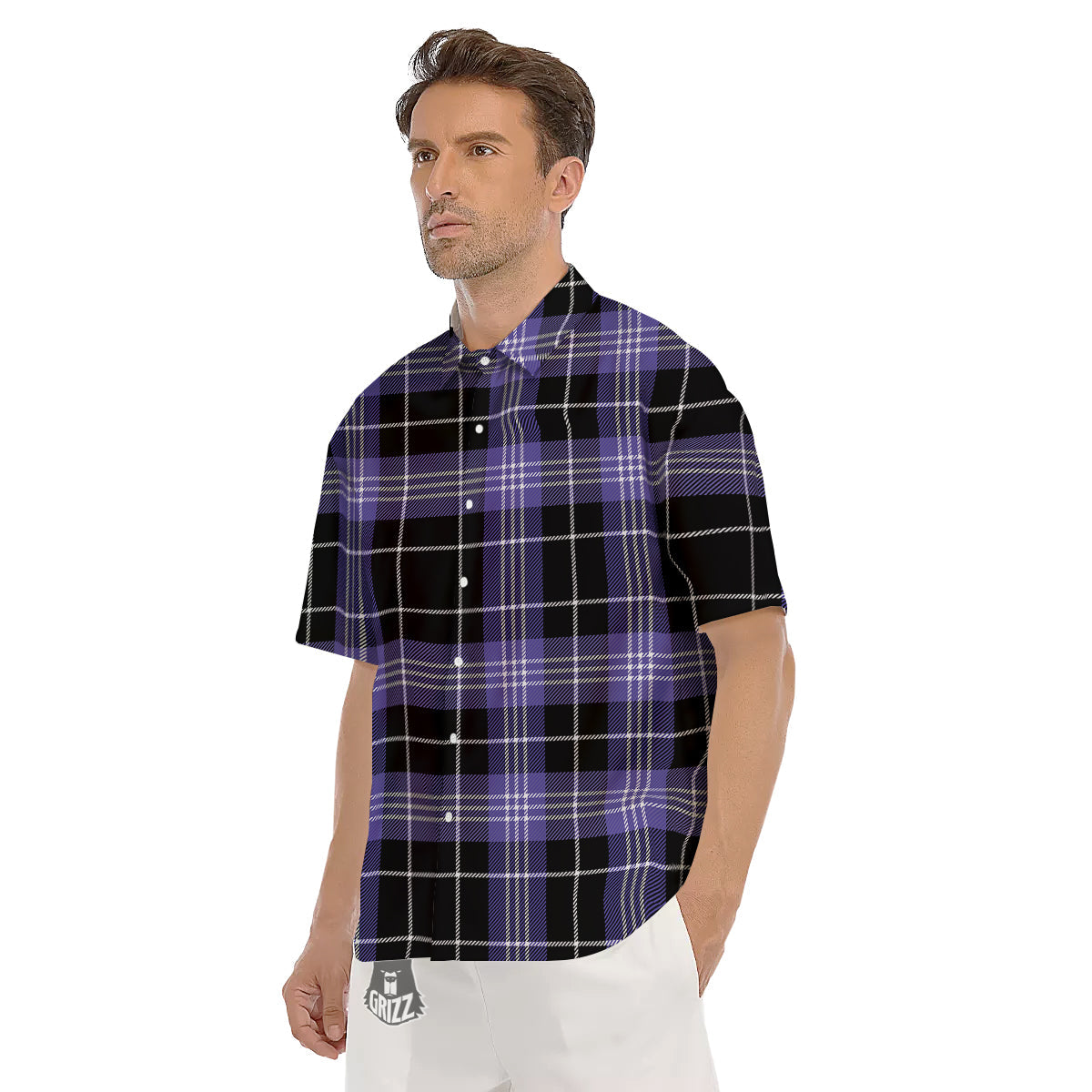 Buffalo Check Black And Violet Print Pattern Men's Short Sleeve Shirts-grizzshop