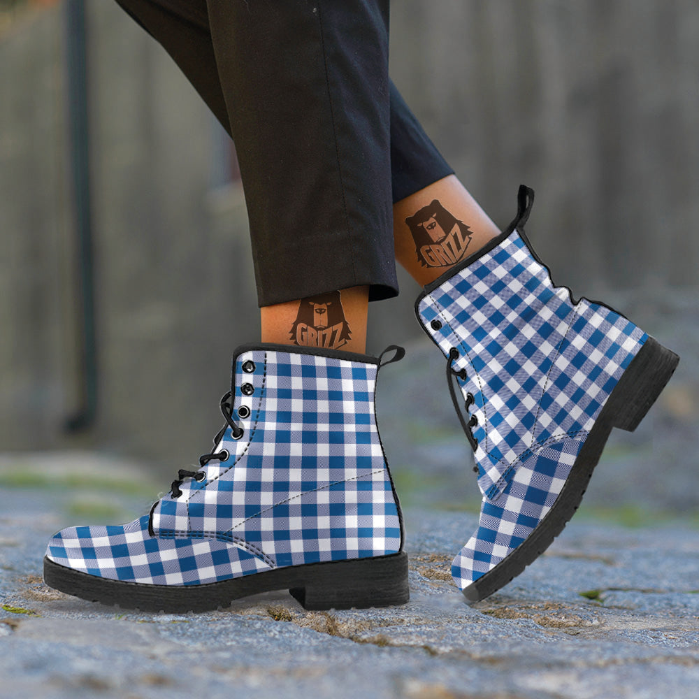 Buffalo Check Blue Print Pattern Leather Boots-grizzshop