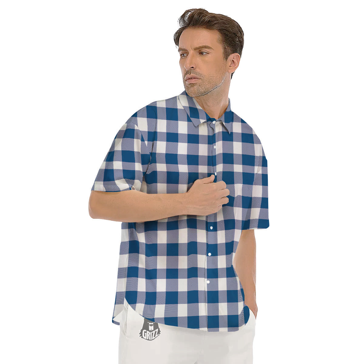 Buffalo Check Blue Print Pattern Men's Short Sleeve Shirts-grizzshop