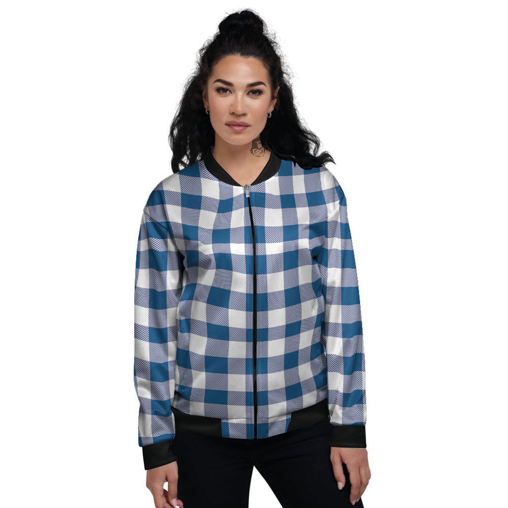 Buffalo Check Blue Print Pattern Women's Bomber Jacket-grizzshop