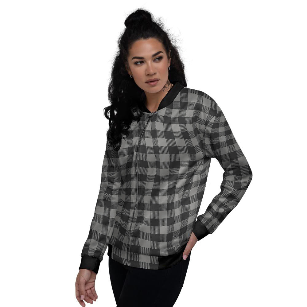 Buffalo Check Dark Grey And Black Print Women's Bomber Jacket-grizzshop