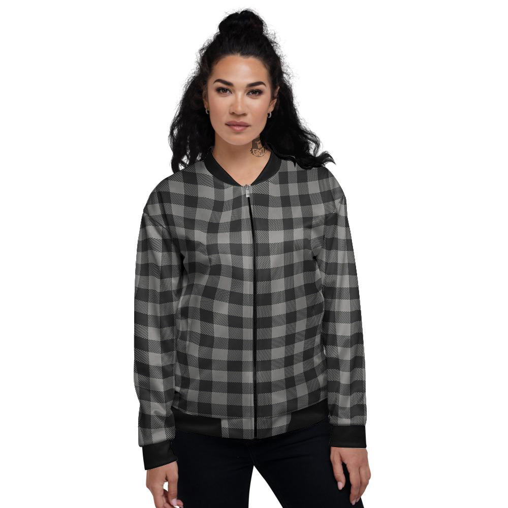 Buffalo Check Dark Grey And Black Print Women's Bomber Jacket-grizzshop