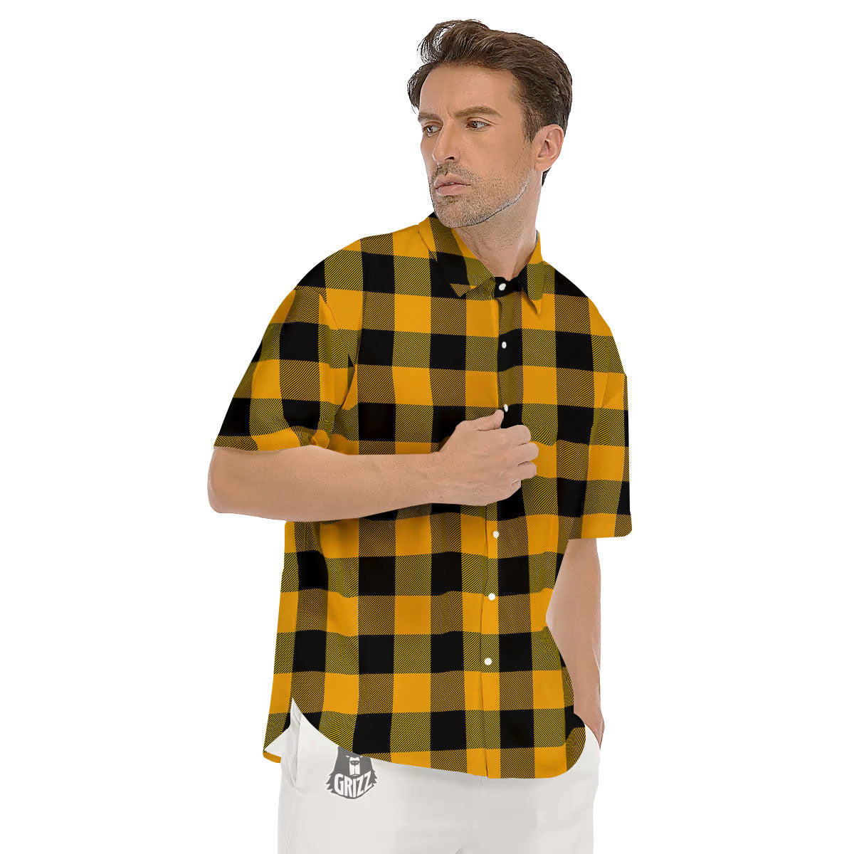 Buffalo Check Fire Yellow Print Pattern Men's Short Sleeve Shirts-grizzshop