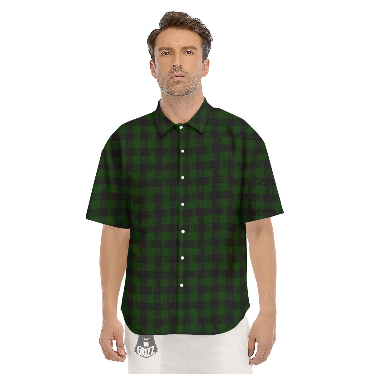 Buffalo Check Forest Green Print Pattern Men's Short Sleeve Shirts-grizzshop