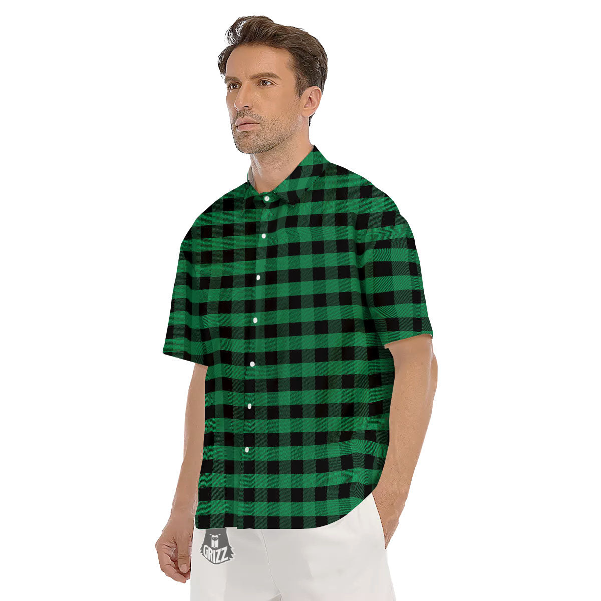 Buffalo Check Green Print Pattern Men's Short Sleeve Shirts-grizzshop