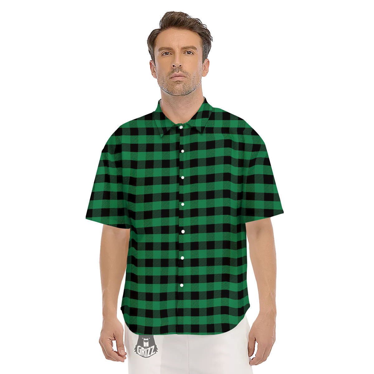 Buffalo Check Green Print Pattern Men's Short Sleeve Shirts-grizzshop